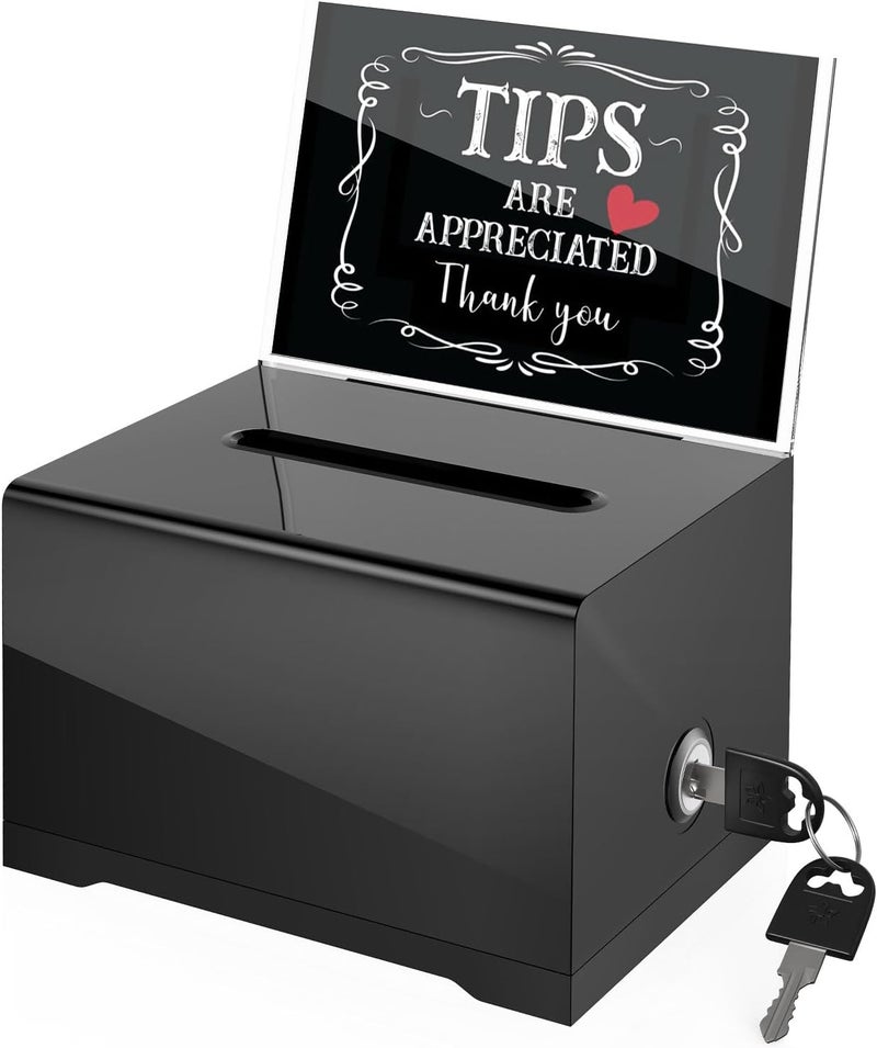 MoKo Acrylic Donation Box with Lock, Ballot Suggestion Box with Sign Holder for Fundraising Donation Voting Collection, Raffle Tip Jar, 6.2"x 4.7"x 4", Black - Image 1